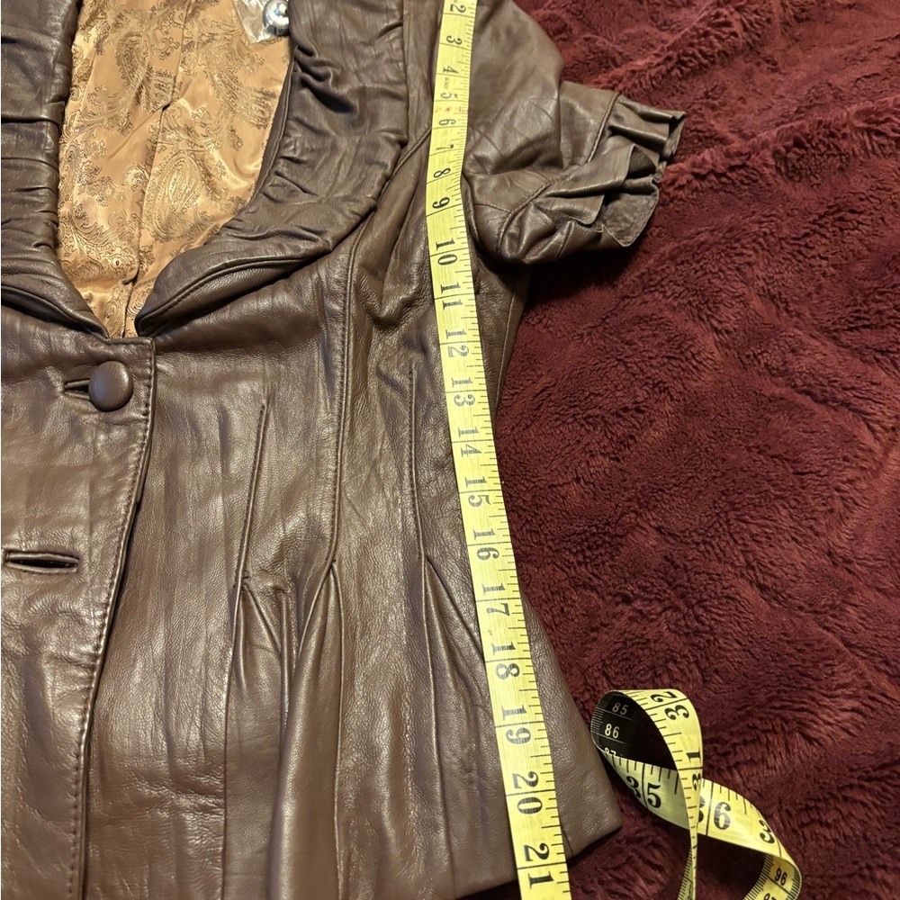 Arden B Brown Vintage Leather Fitted Waist Blazer Top with Ruffled Collar. - Picture 15 of 16